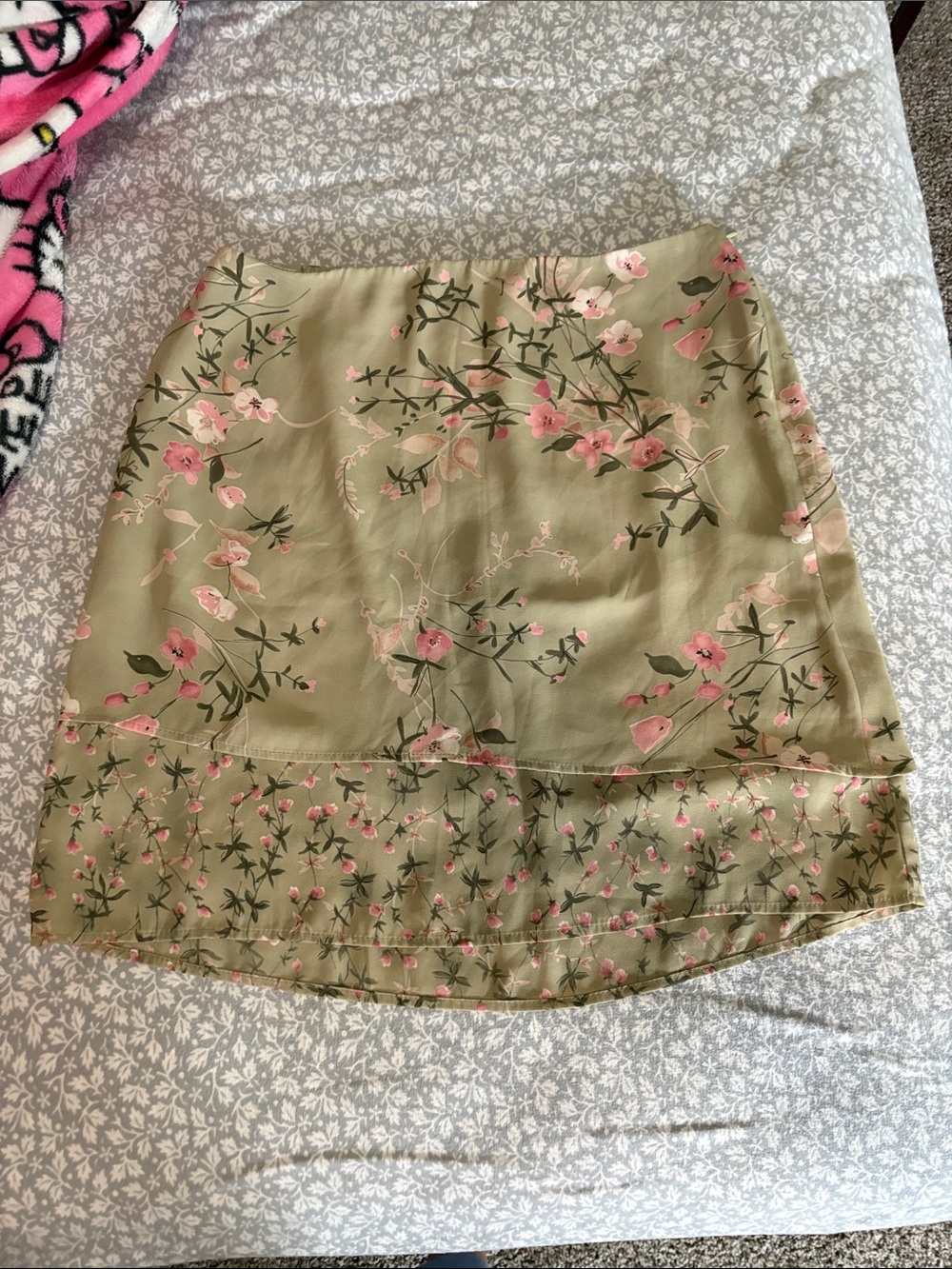 Vintage Green Floral Mini Skirt with Pink Blossom Print